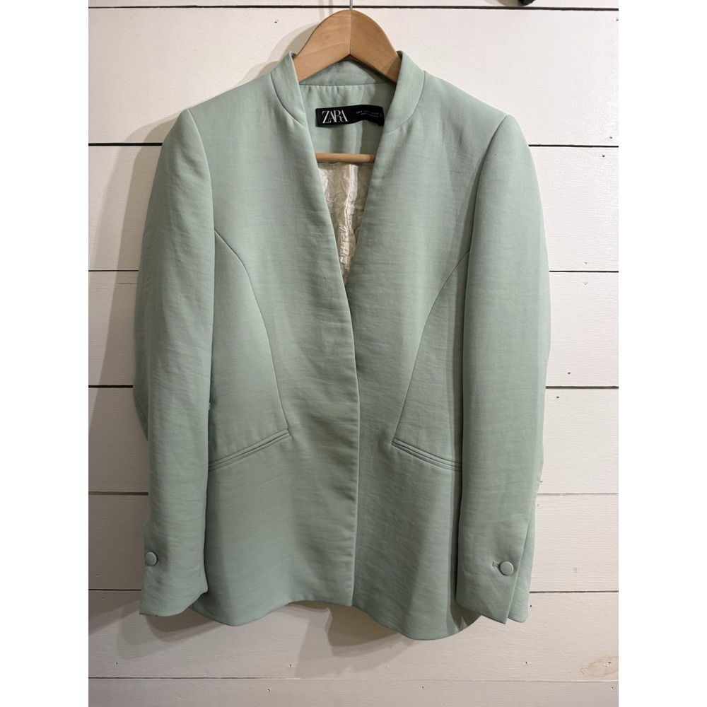 Zara Lapelless Mint Green Blazer Blogger's Favorite Size Small *No Belt*